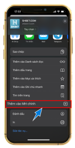 Bước 1 : Mở SHBETASIA1.COM trên safari , Chọn tiện ích iphone , Chọn thêm MH chính